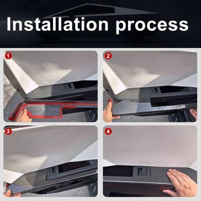 Cybertruck lower door panel armrest overlays in real molded carbon fiber, four-piece set for Tesla Cybertruck interior upgrade.
