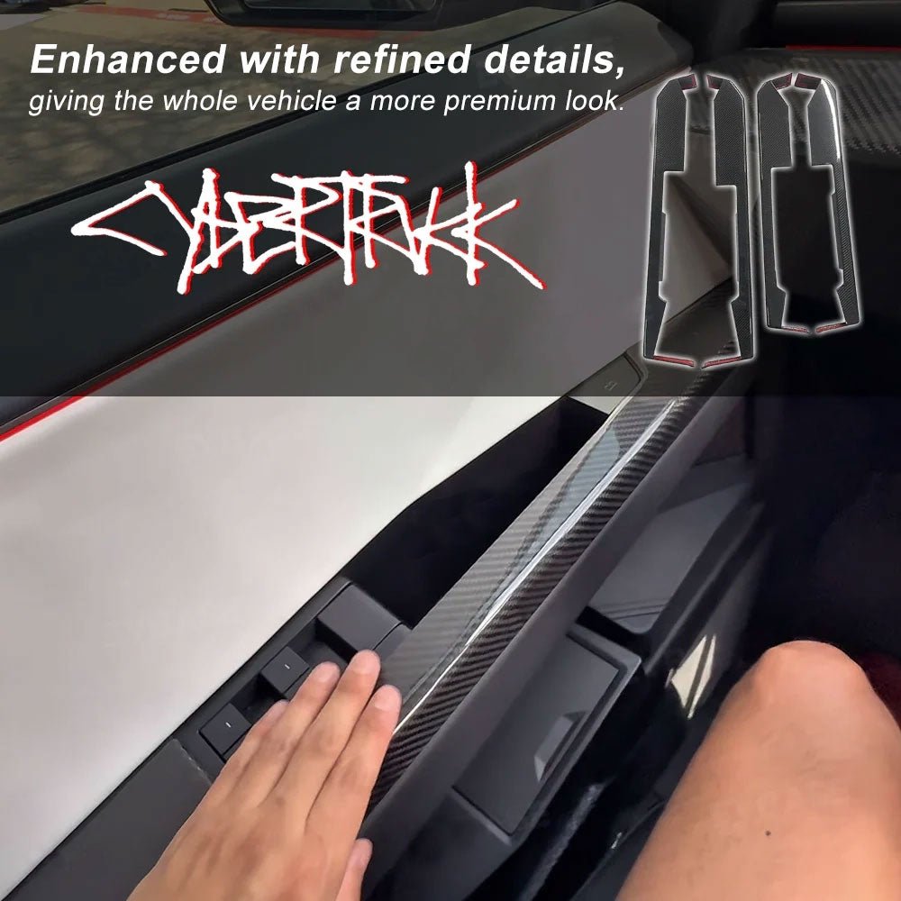 Cybertruck lower door panel armrest overlays in real molded carbon fiber, 4-piece set, designed for durable, stylish vehicle interior.