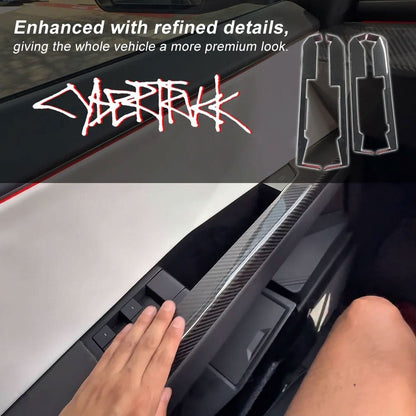 Cybertruck lower door panel armrest overlays in real molded carbon fiber, 4-piece set, designed for durable, stylish vehicle interior.