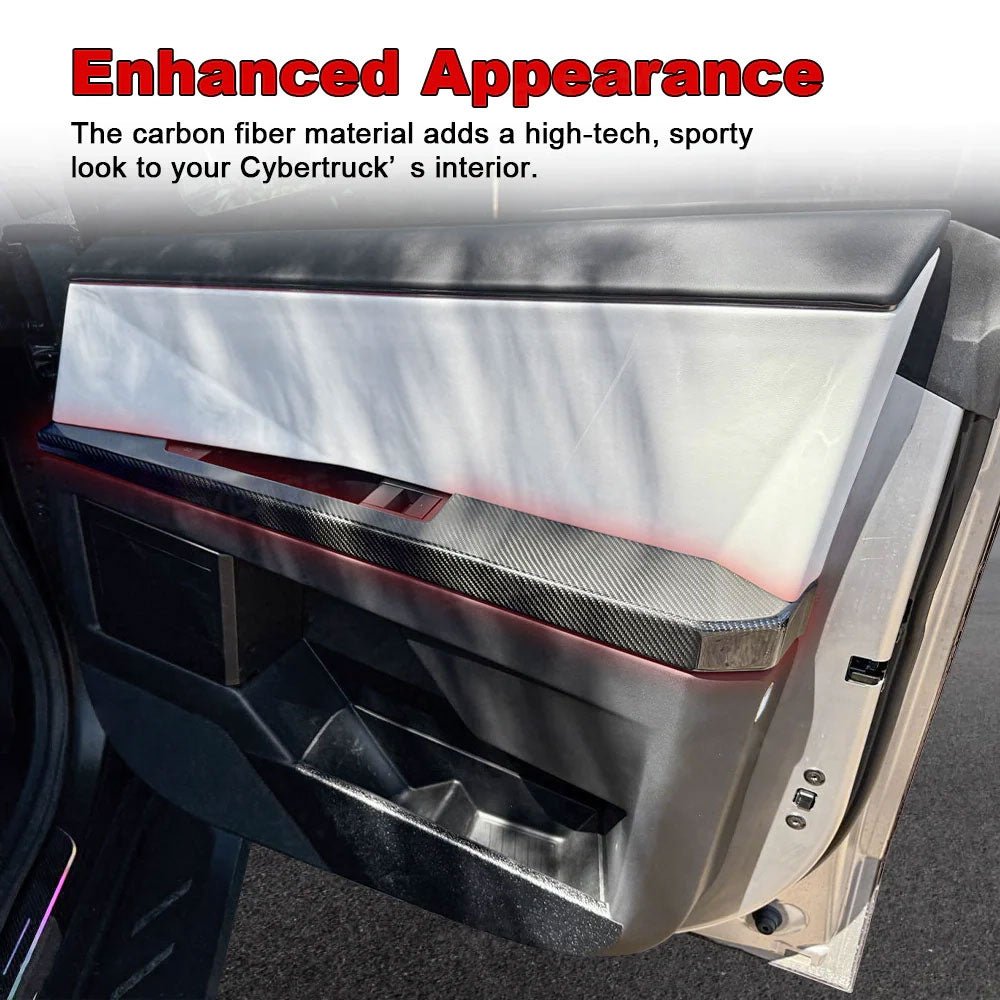Cybertruck lower door panel armrest overlays in real molded carbon fiber, 4-piece set for durable interior enhancement.