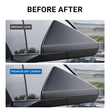 Cybertruck side mirror bottom cover in real dry carbon fiber trim for Tesla Cybertruck, showcasing sleek, durable carbon fiber material.