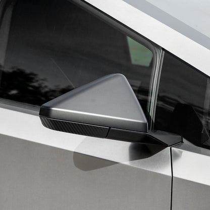 Cybertruck side mirror bottom cover with real dry carbon fiber trim, designed for Tesla Cybertruck by Tesery.