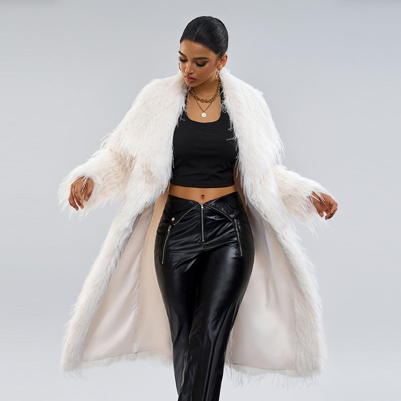 Long artificial fur collar coat for women, elegant commuting style