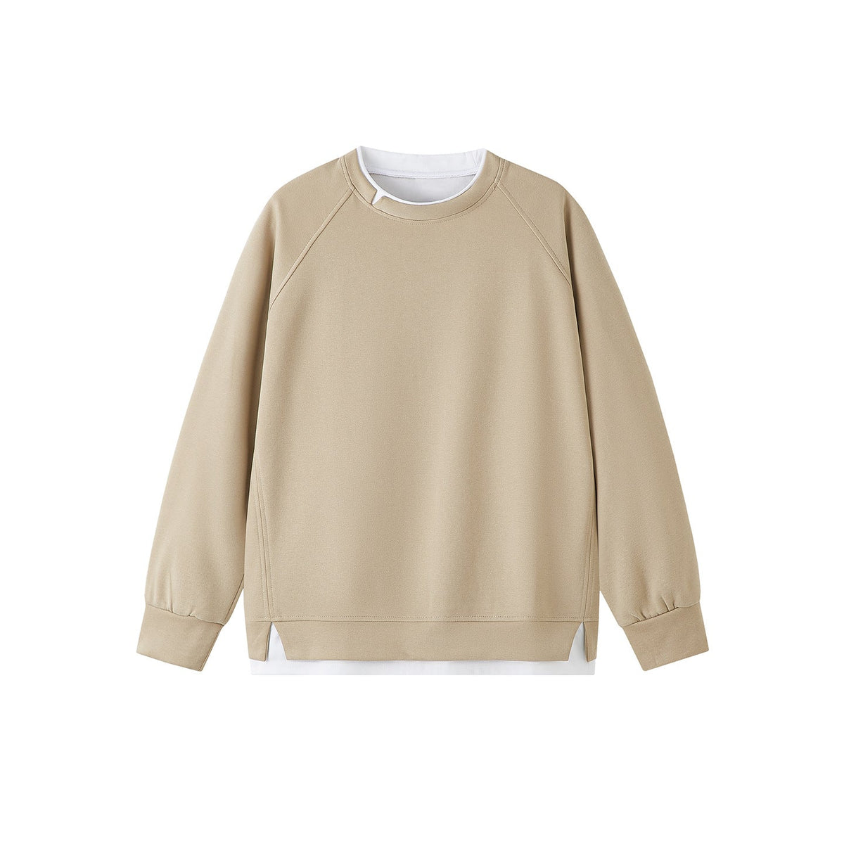 Women's spliced crew-neck pullover top in a casual color-block design, front view