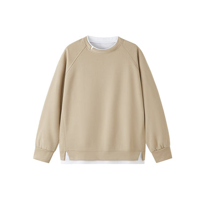 Women's spliced crew-neck pullover top in a casual color-block design, front view