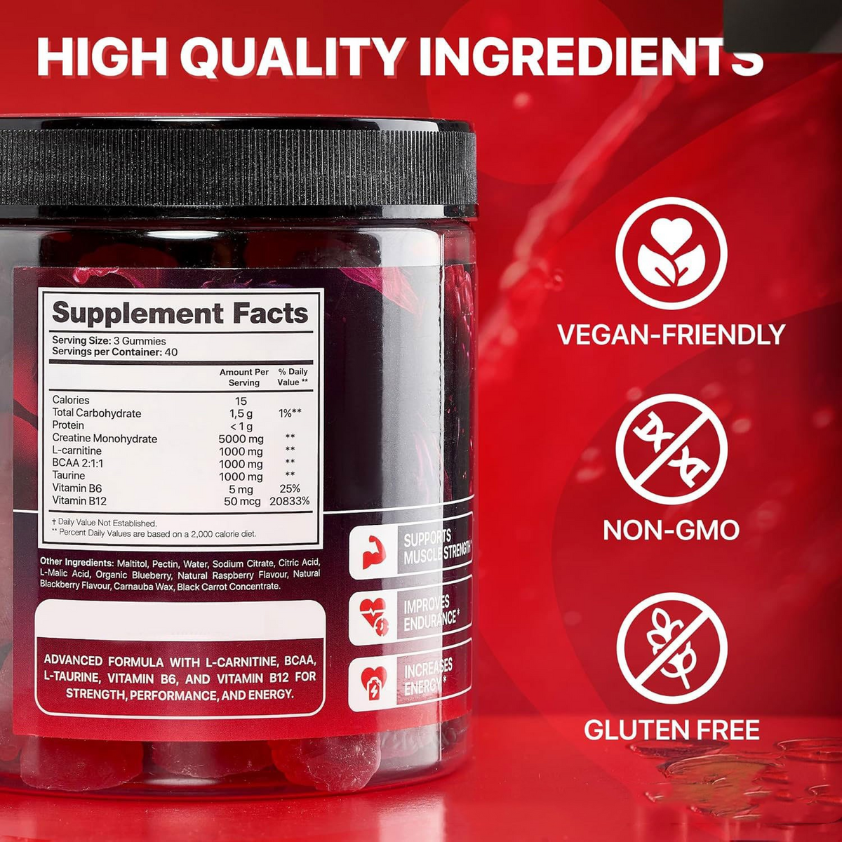 Assorted BACKUPMYFILESNOW® Muscle Boost Gummies in colorful fruit-flavored shapes on a white background.