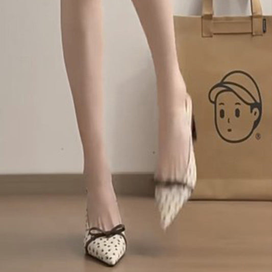 Apricot polka dot pointed toe bow block heel sandals, elegant closed-toe women’s high heels