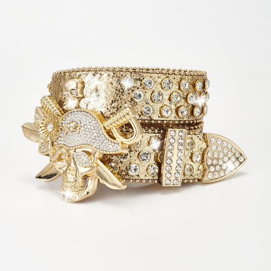 Punk pirate rhinestone fashion belt with sparkling skull and studded detailing