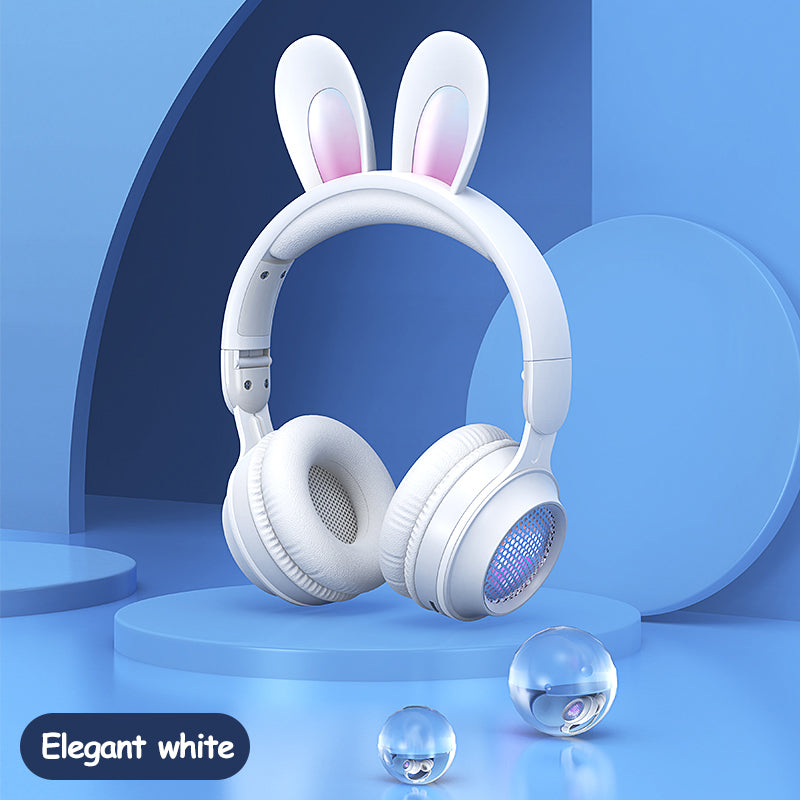 Wireless luminous rabbit ear headphones with extendable wheat-style headband, front view
