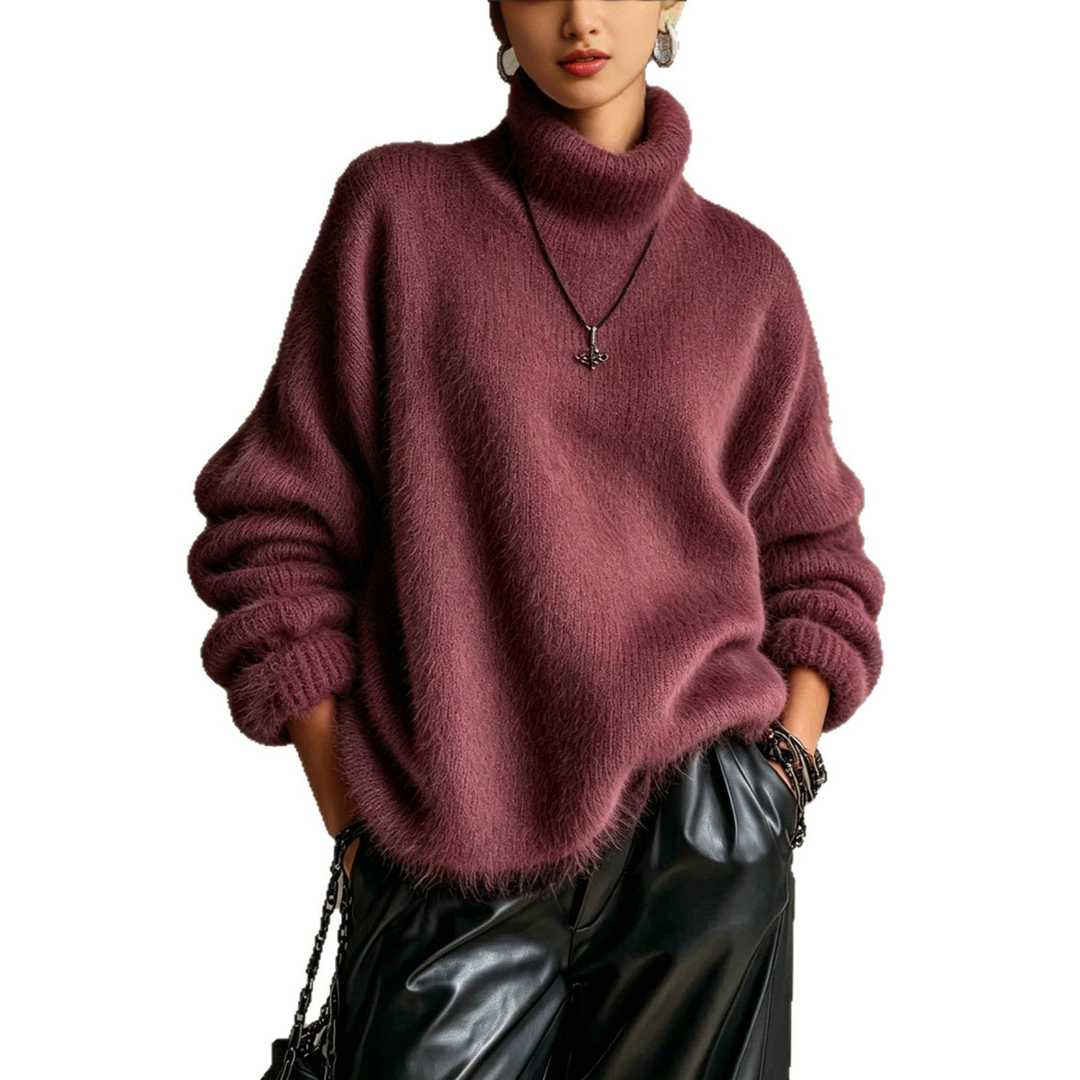 Women's solid-color loose-fitting turtleneck sweater in soft plush knit
