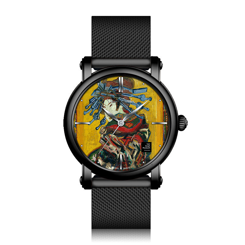 Van Gogh men's quartz wrist watch with 3D printed design, black strap and detailed artwork dial