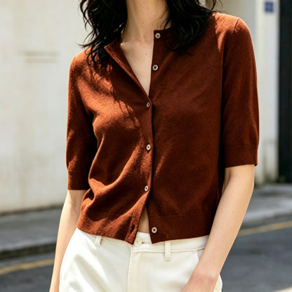 Women's wool knit cardigan, long sleeve solid color design with a single button and simple blouse style