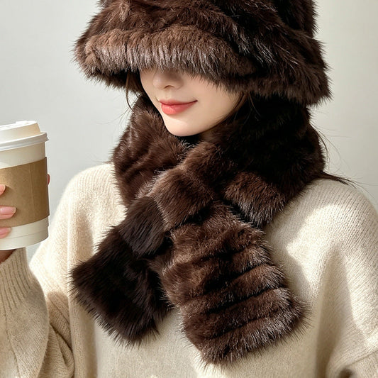 Winter warm hat and plush scarf two-piece set for outdoor cold protection