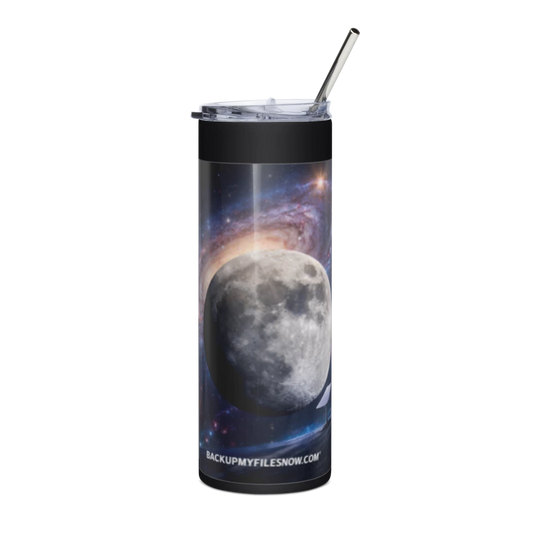 Stainless steel tumbler by BACKUPMYFILESNOW® with a sleek, modern design and a spill-proof lid, ideal for hot or cold beverages.
