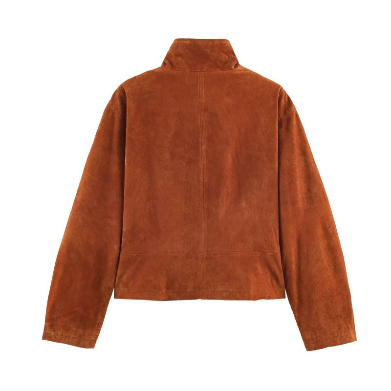 Vintage leather stand-collar flight jacket in brown with front zipper and ribbed cuffs