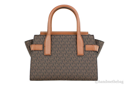 Michael Kors Carmen Signature Brown Satchel, stylish leather handbag with gold hardware and dual top handles.