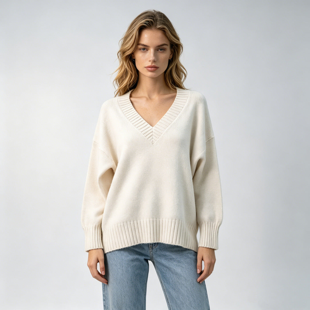 Women's loose-fit V-neck casual all-match knit sweater in a relaxed silhouette