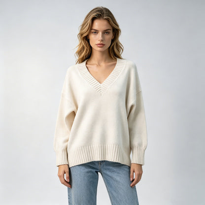Women's loose-fit V-neck casual all-match knit sweater in a relaxed silhouette