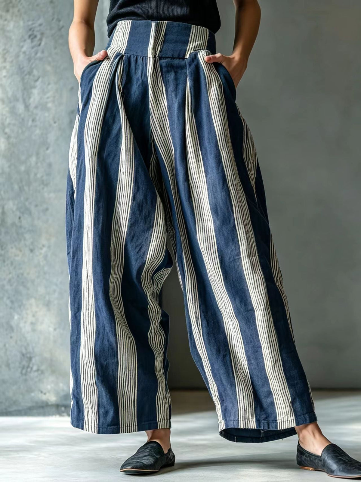Women's loose casual linen striped wide-leg pants with high waist, European and American vacation style