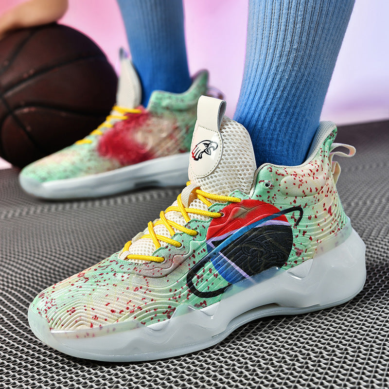 Luminous high-top basketball shoes with padded ankle support and textured athletic design