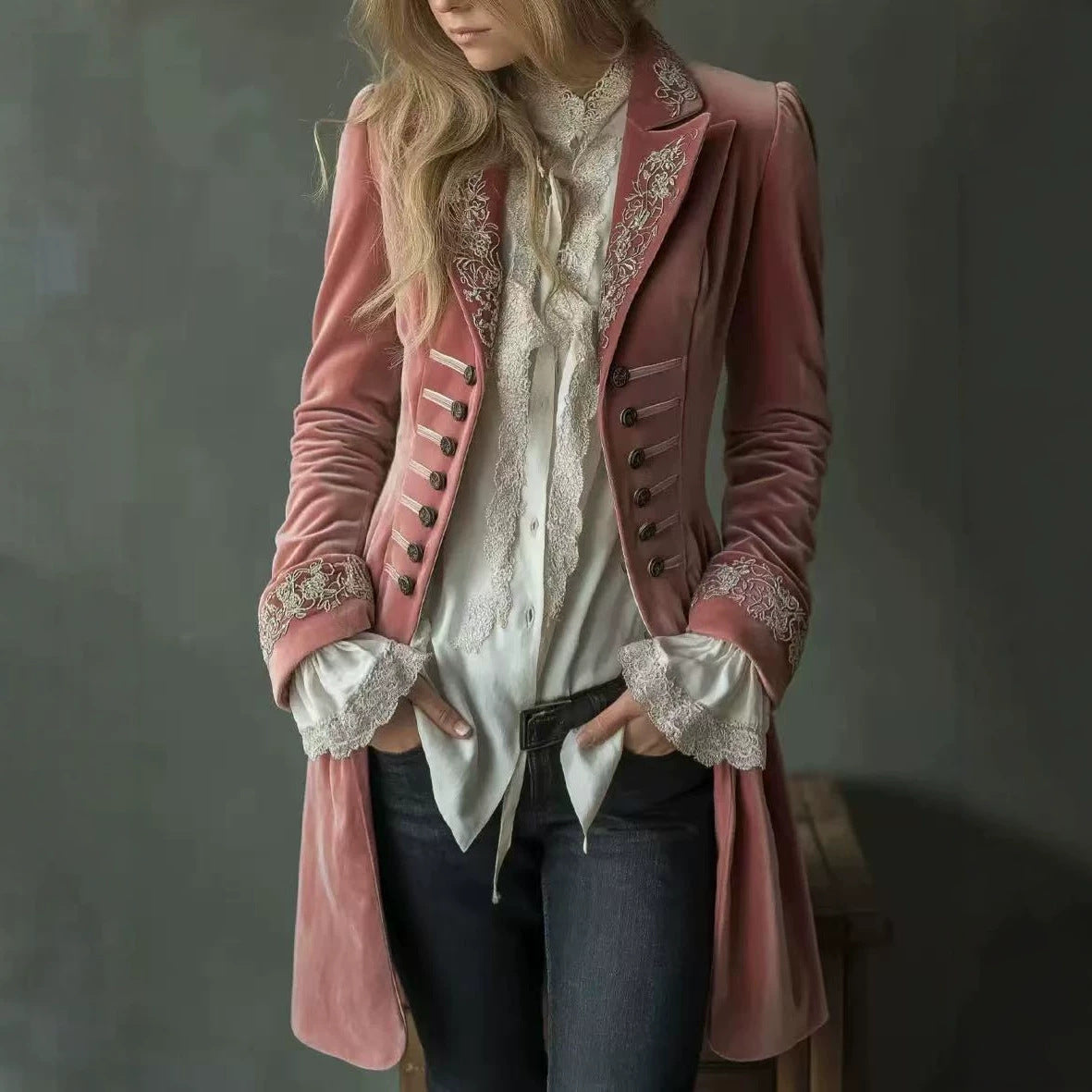 Women's long-sleeve solid-color patchwork lace gold-velvet coat by My Store