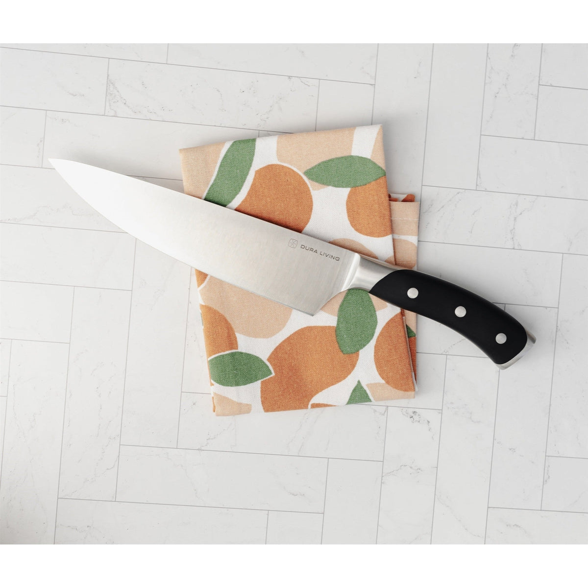 Black Dura Living Elite 8-inch chef knife with a stainless steel blade and ergonomic handle for precise kitchen cutting.