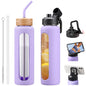 NOLOGLAZIC Glass Water Bottles with Straw -32oz- Water Bottle Phone Holder for Gym Large Motivational Water Bottle with Time Marker Glass Drinking Bottles 2 Lids - Spout & Bamboo Straw Lid(Purple)