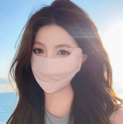 Women's sun-protective UV face mask in black, covering the nose, mouth, and neck