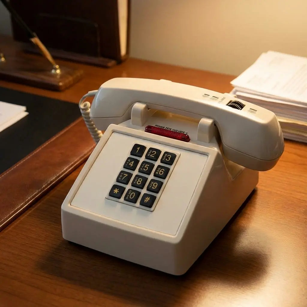Med-Pat D2600C retro beige corded landline desk phone with volume boost feature and classic design.