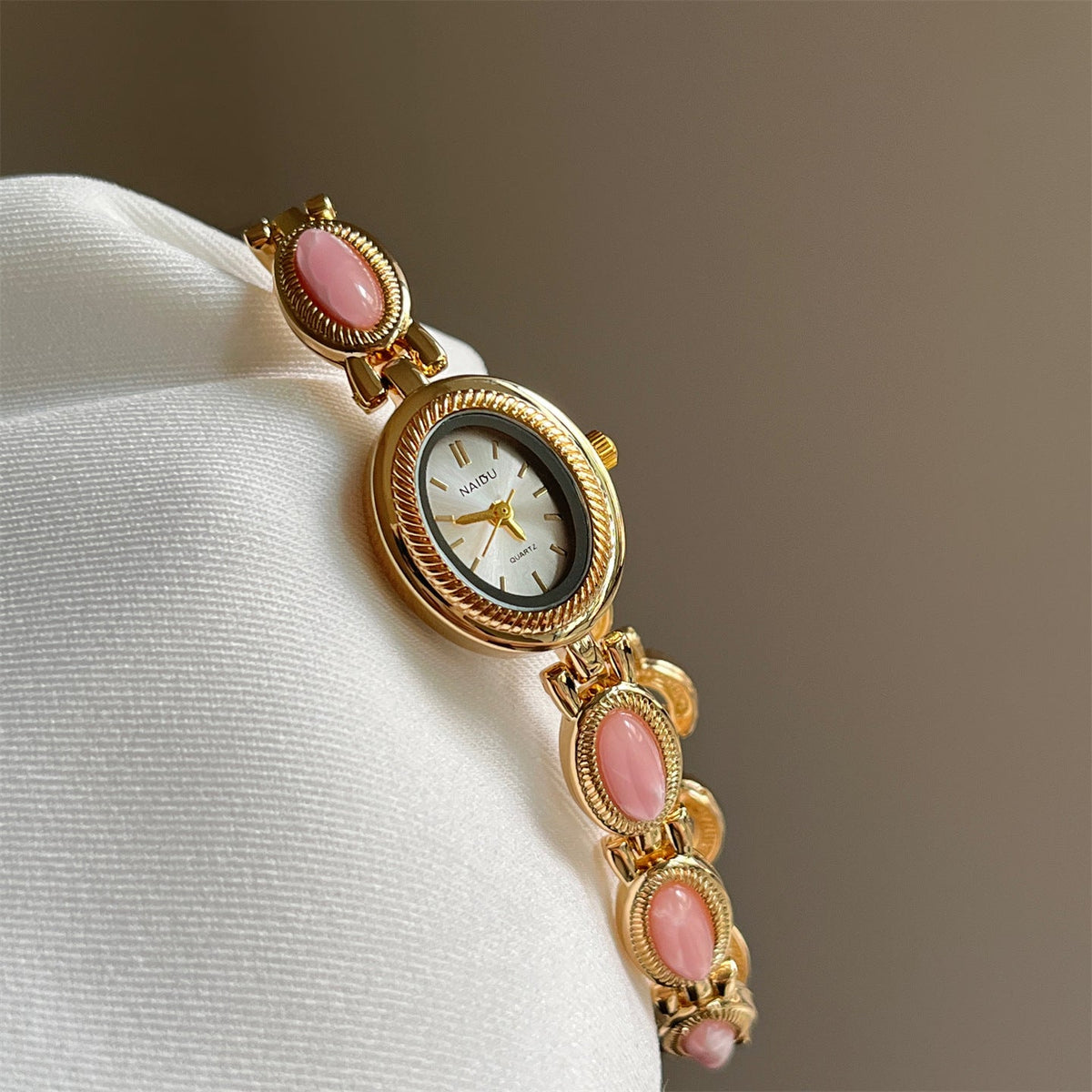 Women's agate bead bracelet watch with a decorative beaded band and watch face