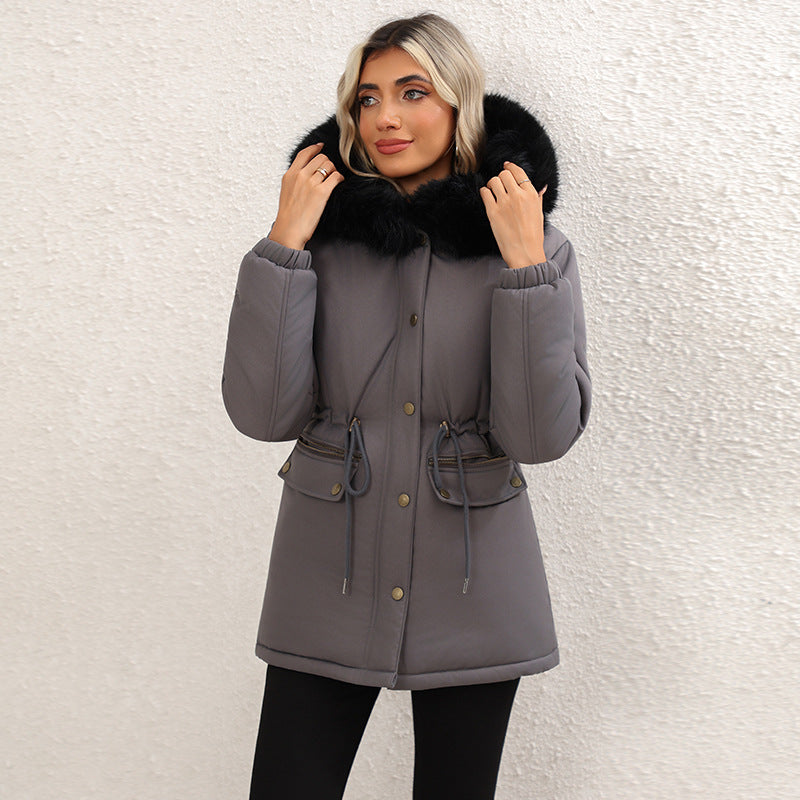 Women's fleece-lined mid-length hooded cotton padded jacket in a warm quilted design