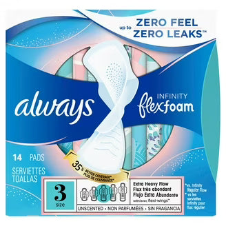 Always Radiant Infinity feminine pads with wings, 12/14 count case, showing the product packaging and pads inside.