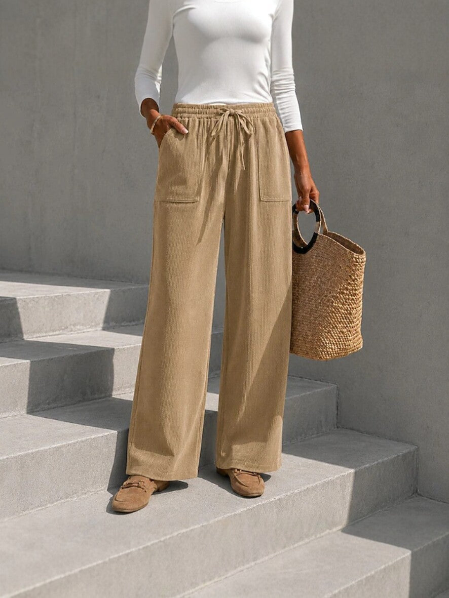 Women's corduroy wide-leg pants with elastic waist and drawstring, loose casual long pants