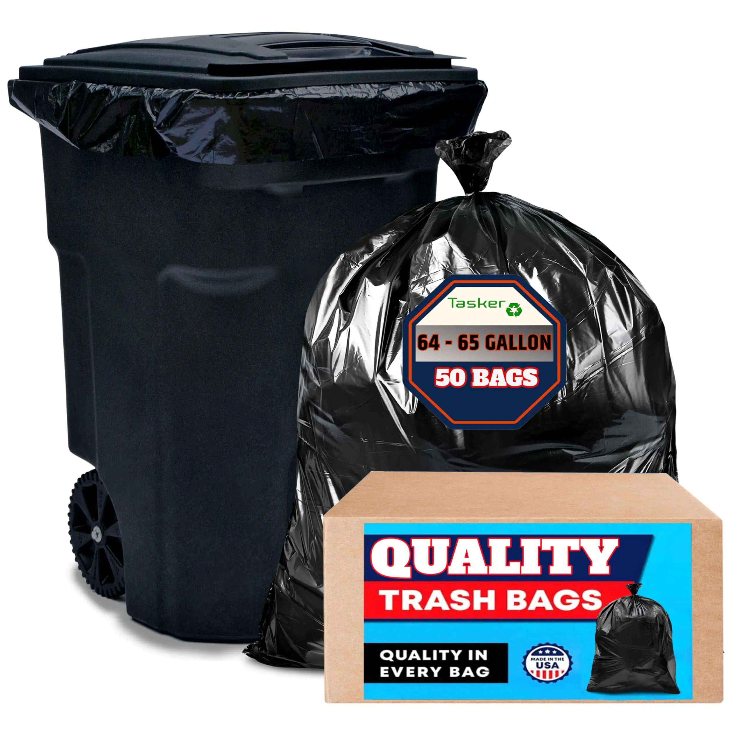Tasker 64-65 Gallon Trash Bags for Toter (Huge 50/Bags w/Ties) 60 Gallon Trash Bags xl Large Garbage Bags 64-65 Gallon Extra Large Leaf Bags Commercial Trash Bags