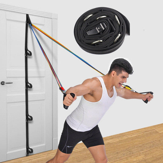 Resistance band fitness pull rope suspension trainer with puller in black and yellow.