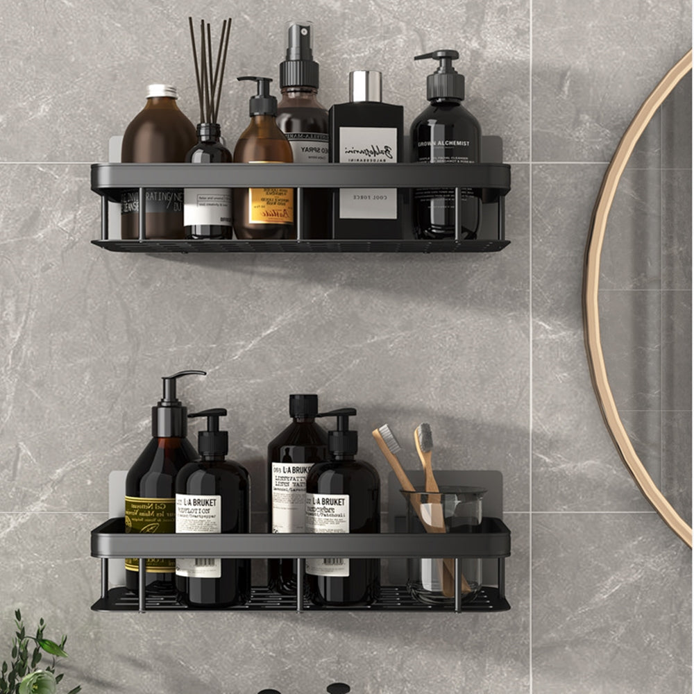 Black rectangular space aluminum wall shelf for bathroom or kitchen, dual-use storage rack