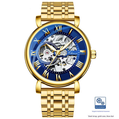 Hollow waterproof luminous automatic mechanical watch with skeleton dial and stainless steel case