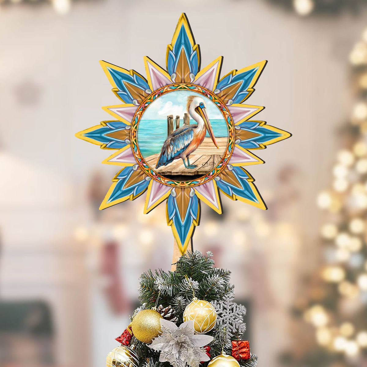Wooden Coastal Pelican Star Tree Topper by G. DeBrekht, wildlife-themed holiday decor with a detailed pelican design.