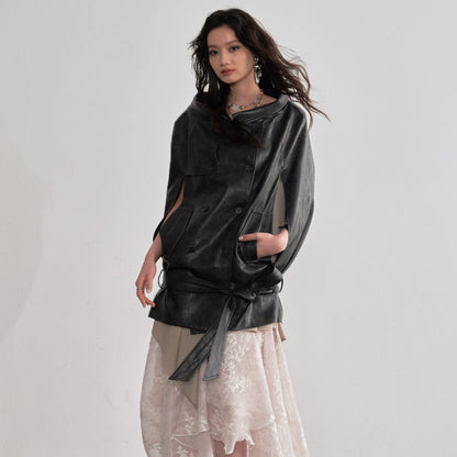 Ebony brown PU leather cloak-style cape jacket with draped silhouette