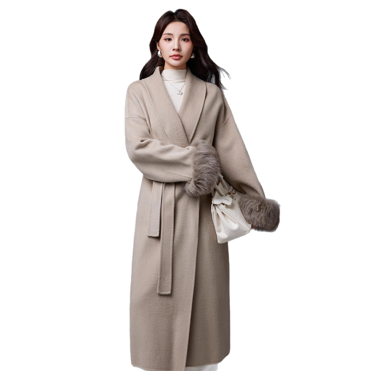 Thickened women's wool blend coat with fox-fur sleeves and belt belt-details