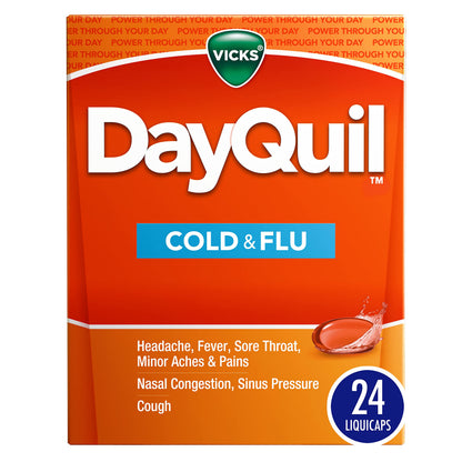 Vicks DayQuil multi-symptom cold and flu relief liquicaps in a blister pack, featuring orange and white capsule packaging.