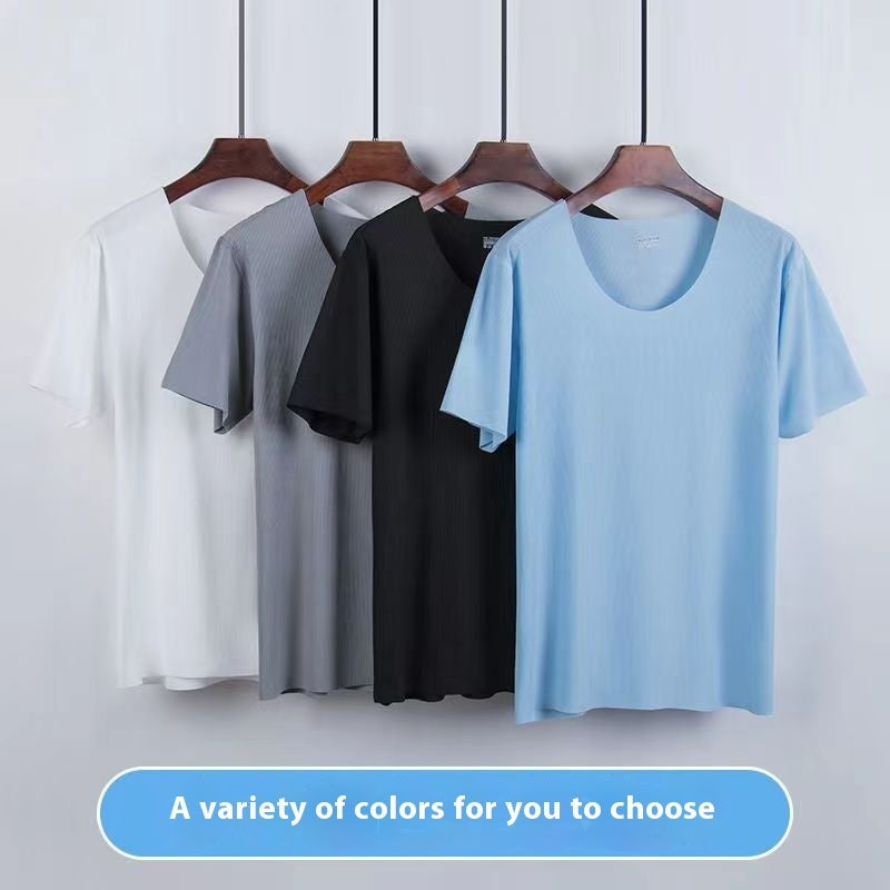 Advanced ice silk round neck solid color short sleeve shorts suit in a lightweight two-piece design