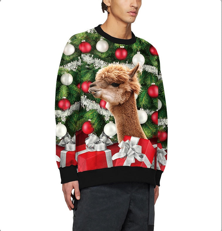 Fashion casual Christmas top with deer head digital print, front view