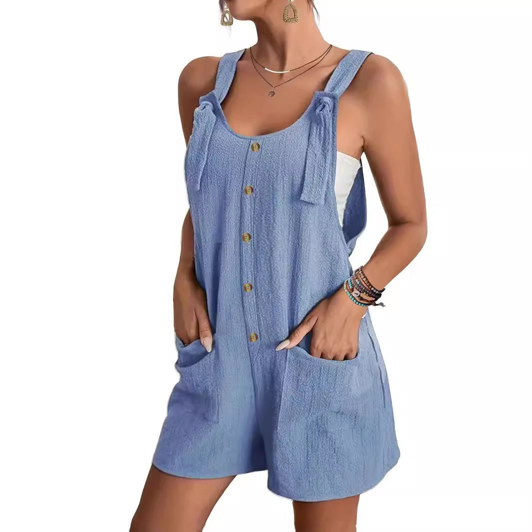 Casual and stylish strap shorts jumpsuit in a relaxed, sleeveless design