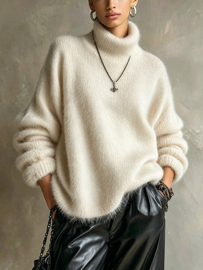Women’s solid-color loose-fitting turtleneck sweater in soft plush knit