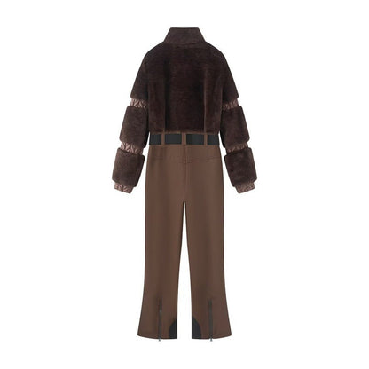 Down-filled fur patchwork zip-up thickened fluffy ski jumpsuit, full-body winter outerwear