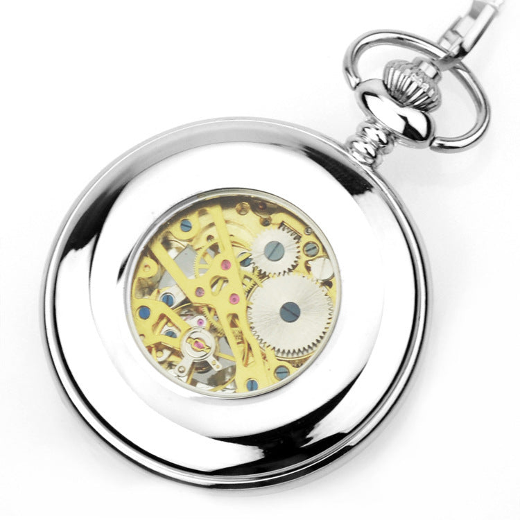 Retro hollow mechanical flip-open pocket watch with visible open-face gears and vintage metal case