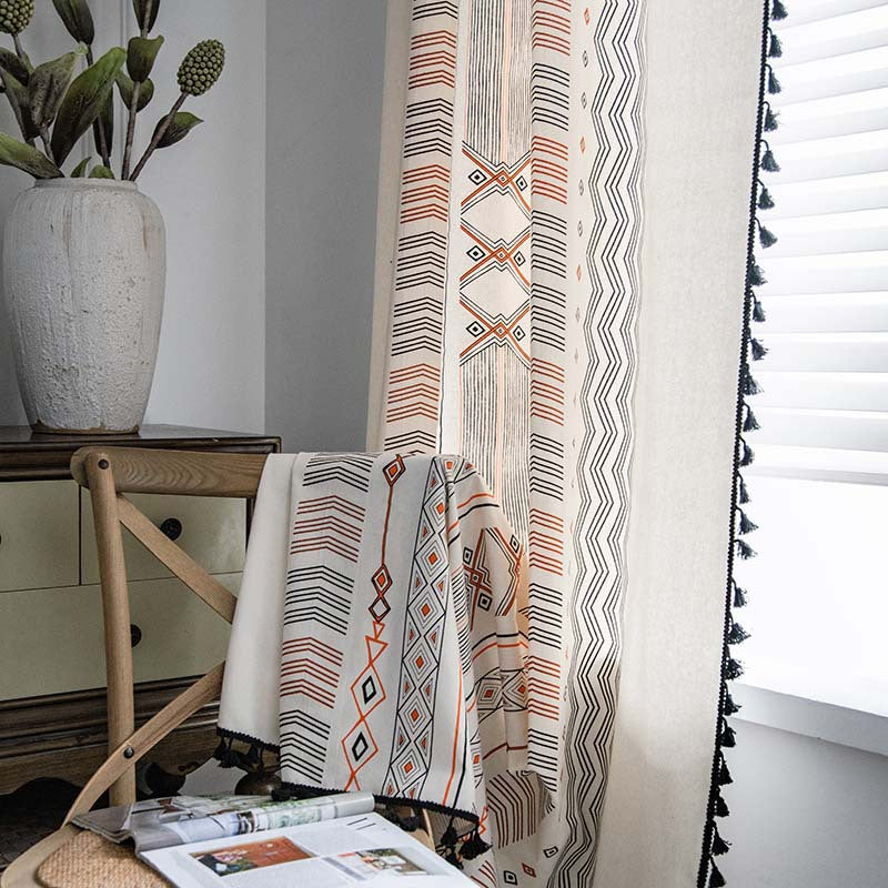 Boho cream cotton and linen print sun shade curtain fabric, non-punched design
