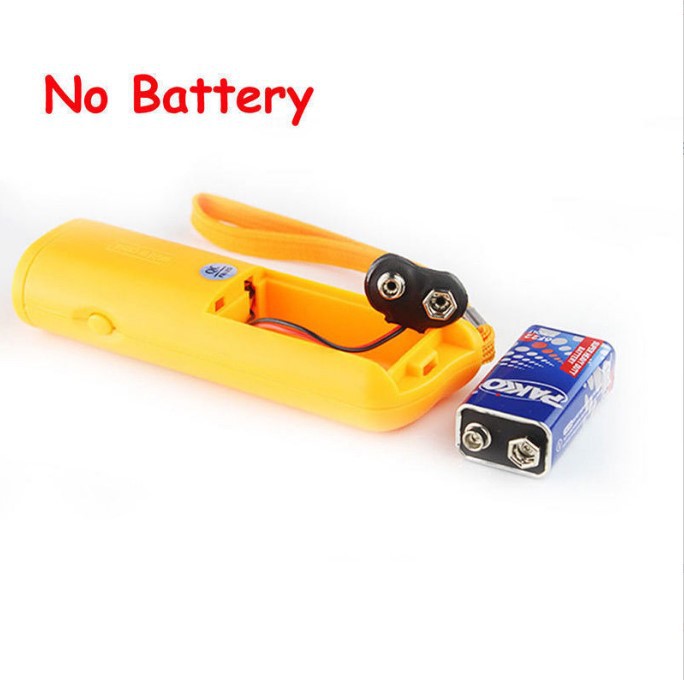 Boxed battery-free ultrasonic dog dispeller and barking dog trainer flashlight device