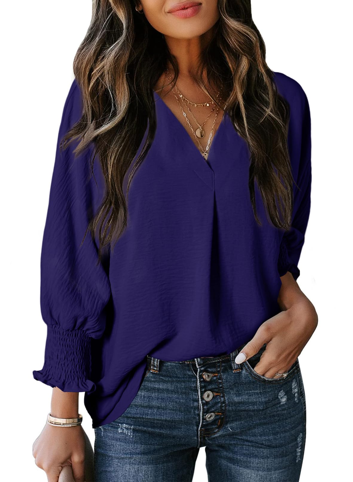 BACKUPMYFILESNOW® Dokotoo 2024 Spring V-Neck Babydoll Top for Women, light fabric with flowing silhouette, shown on a model.